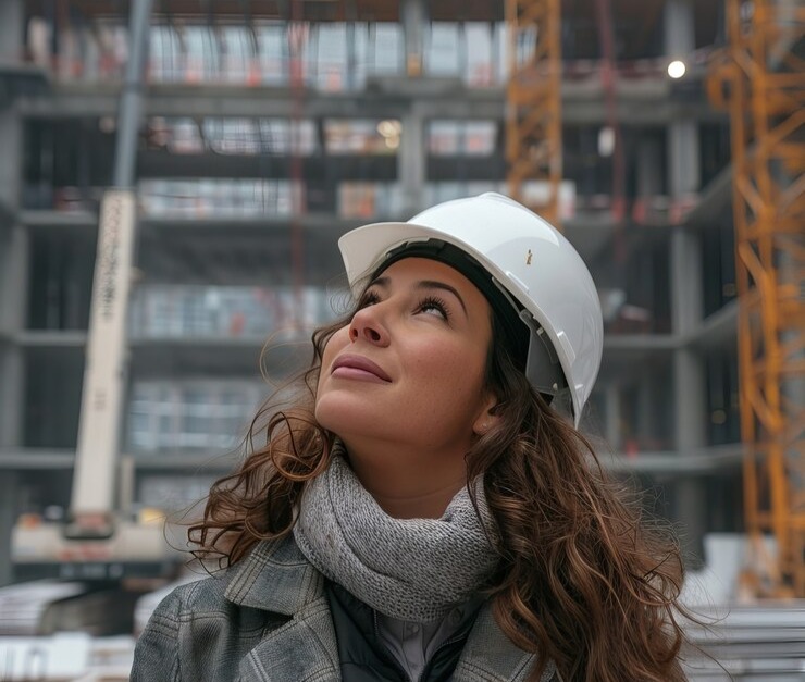 مهندس زن با کلاه ایمنی و نقشههای ساختمانی در حال بررسی یک پروژه بزرگ؛ نمادی از مدیریت هوشمند و برآورد دقیق هزینههای ساخت در ارک پرایس